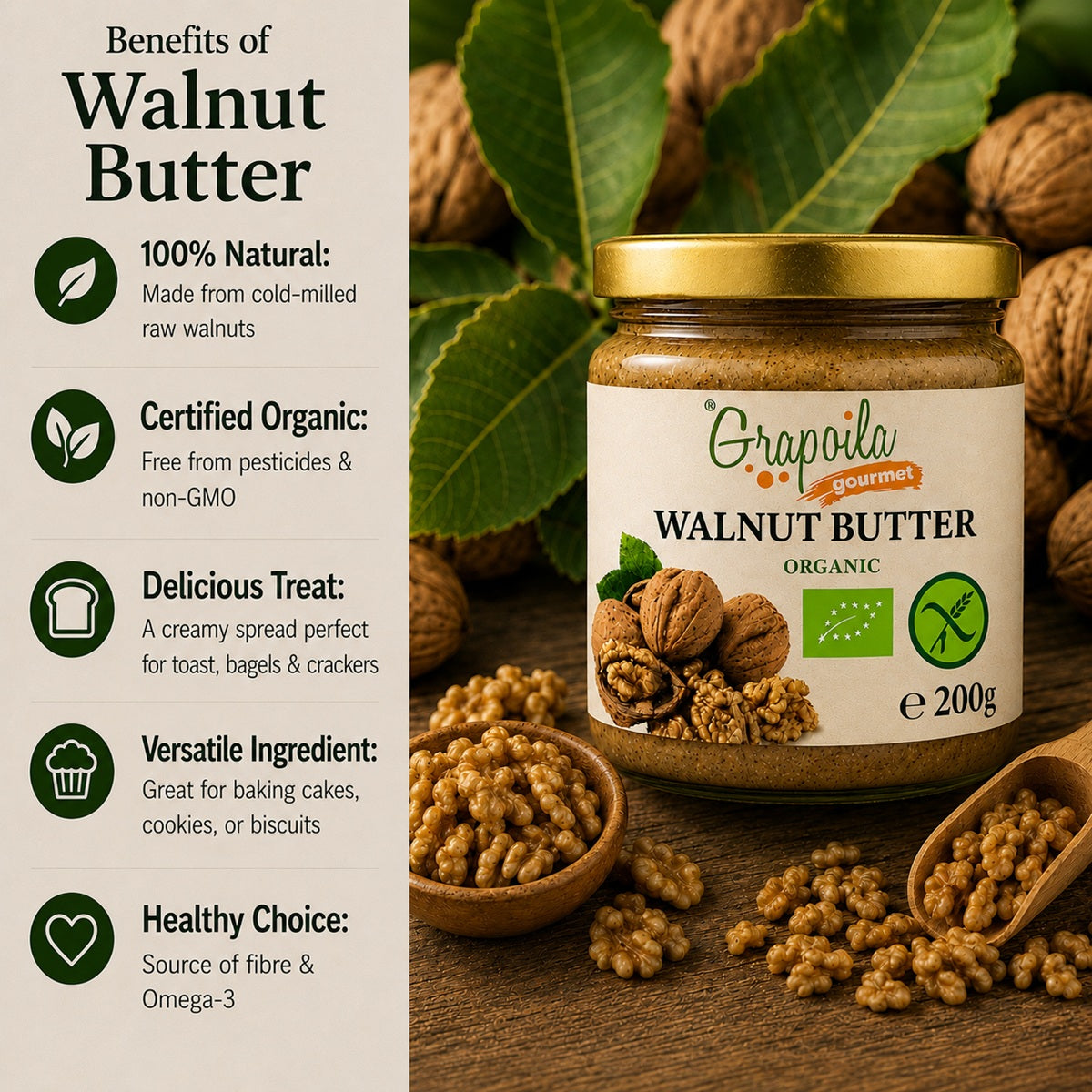 Infographic showing the benefits of eating and using organic raw walnut butter.