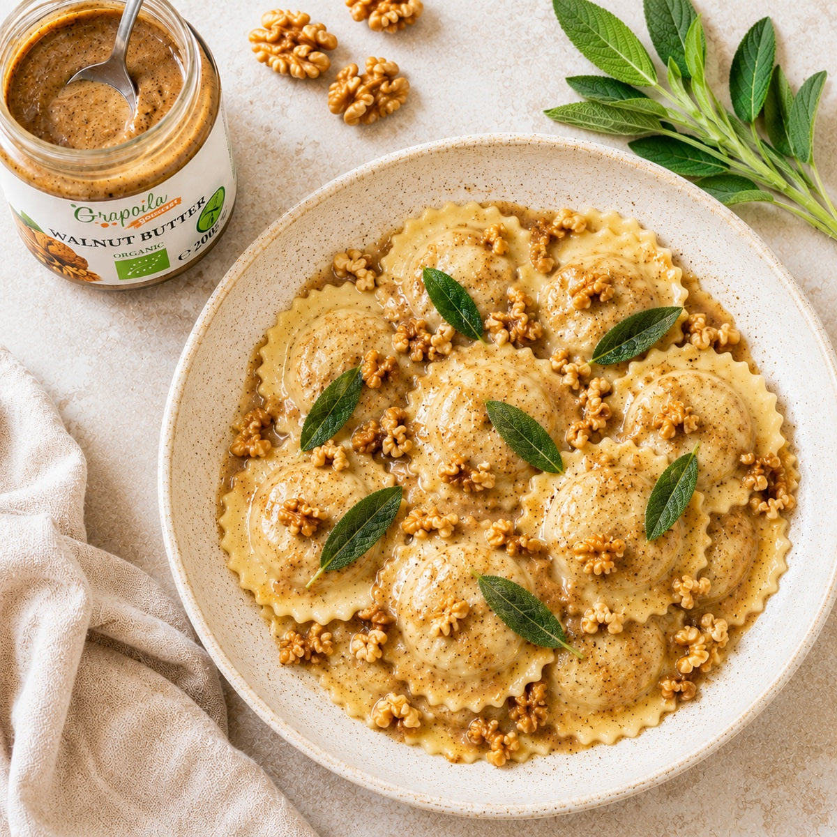 Plate of ravioli pasta with organic walnut butter, chopped raw walnuts and fresh sage leaves on a light background.