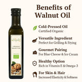 An infographic showing the health and nutritional benefits of eating and using cold pressed organic walnut oil.