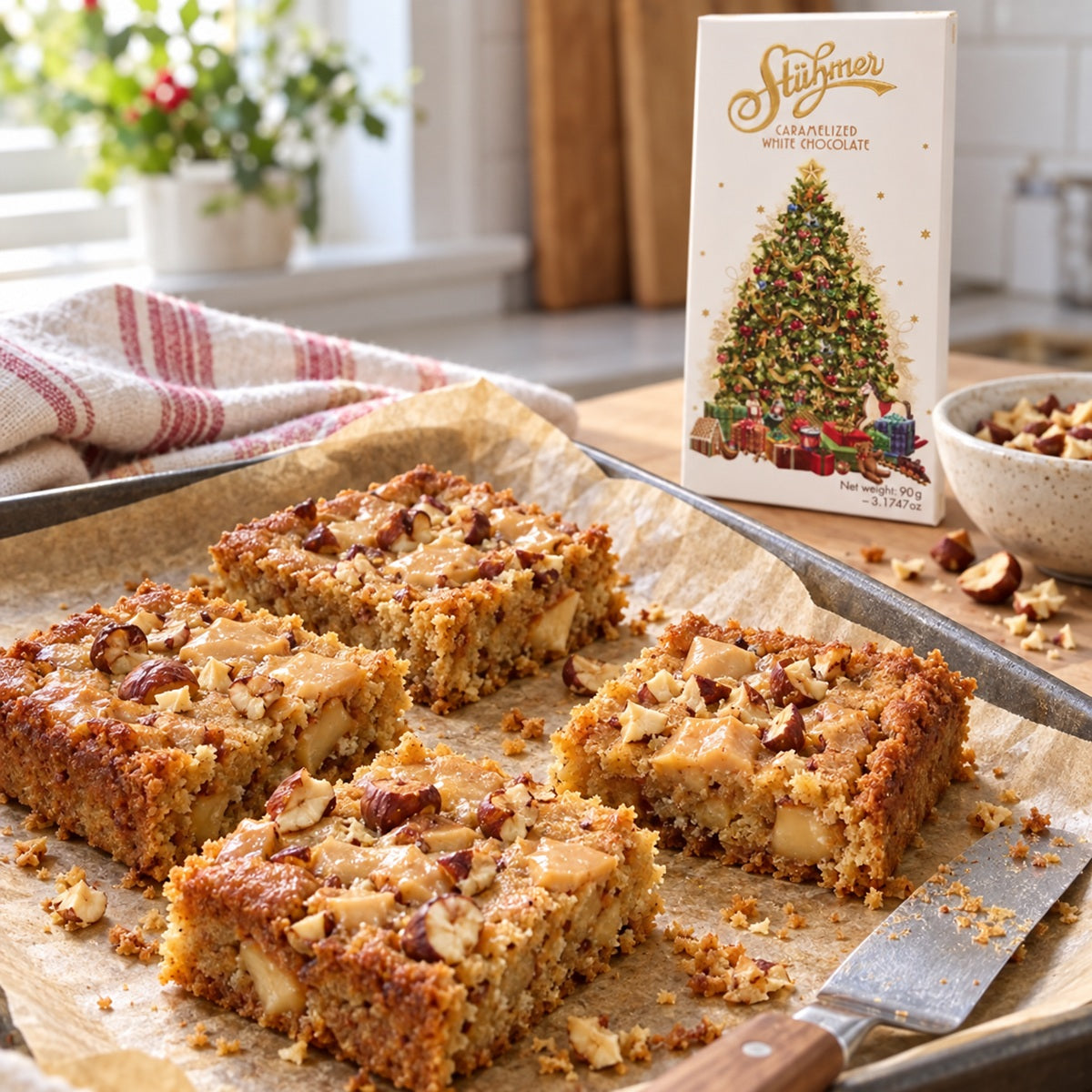 Four white chocolate blondies on parchment paper with a bar of Caramelised White Chocolate in the back.
