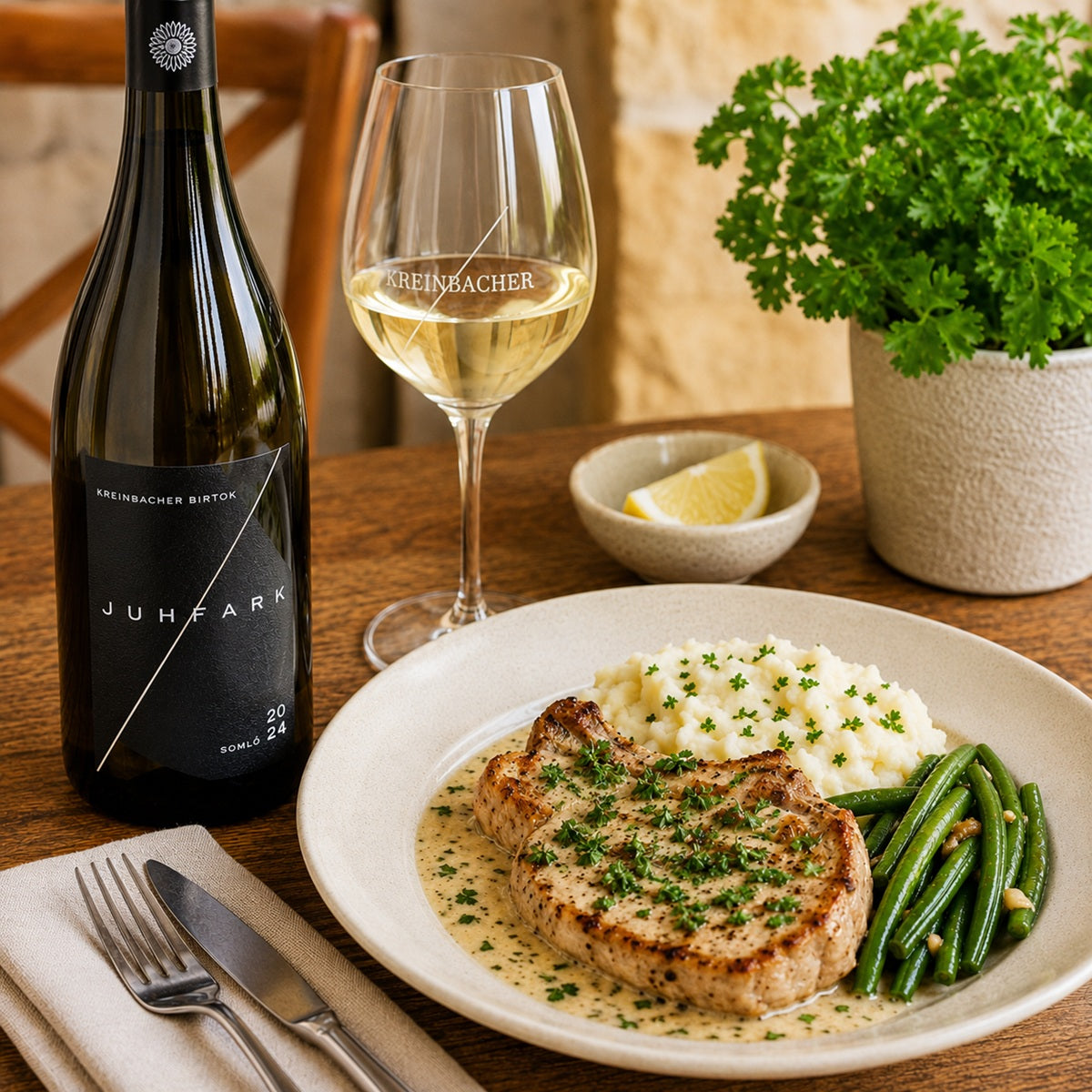 Dinner setting with a bottle of Juhfark, a glass of white wine, and a plate of pork chops, green beans, and mashed potatoes.