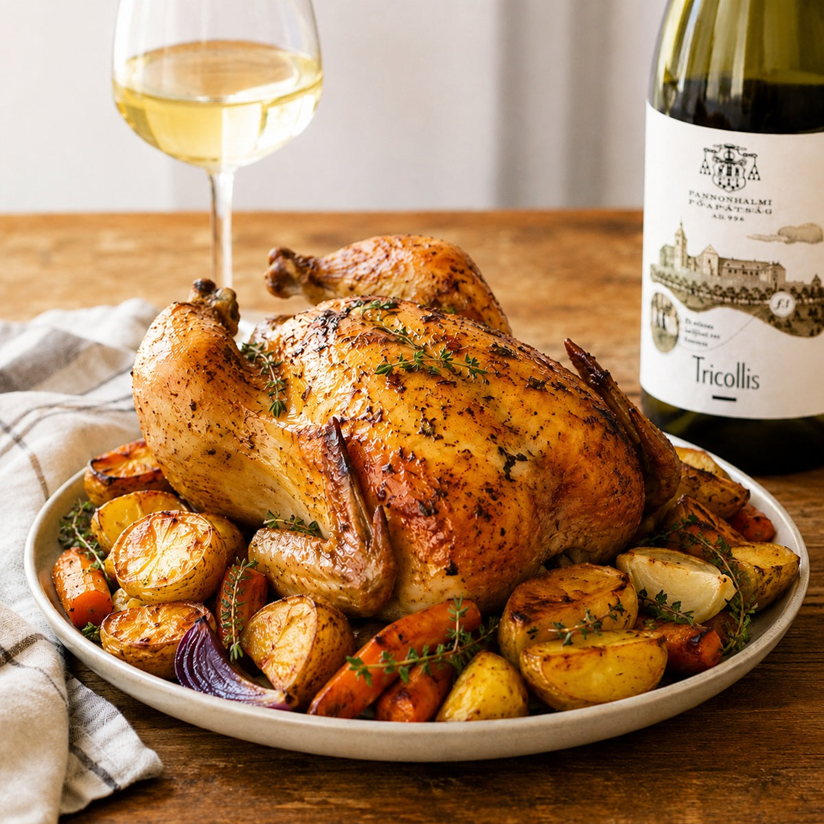 Roasted chicken with vegetables on a plate next to a glass of white wine and a bottle of Tricollis wine.