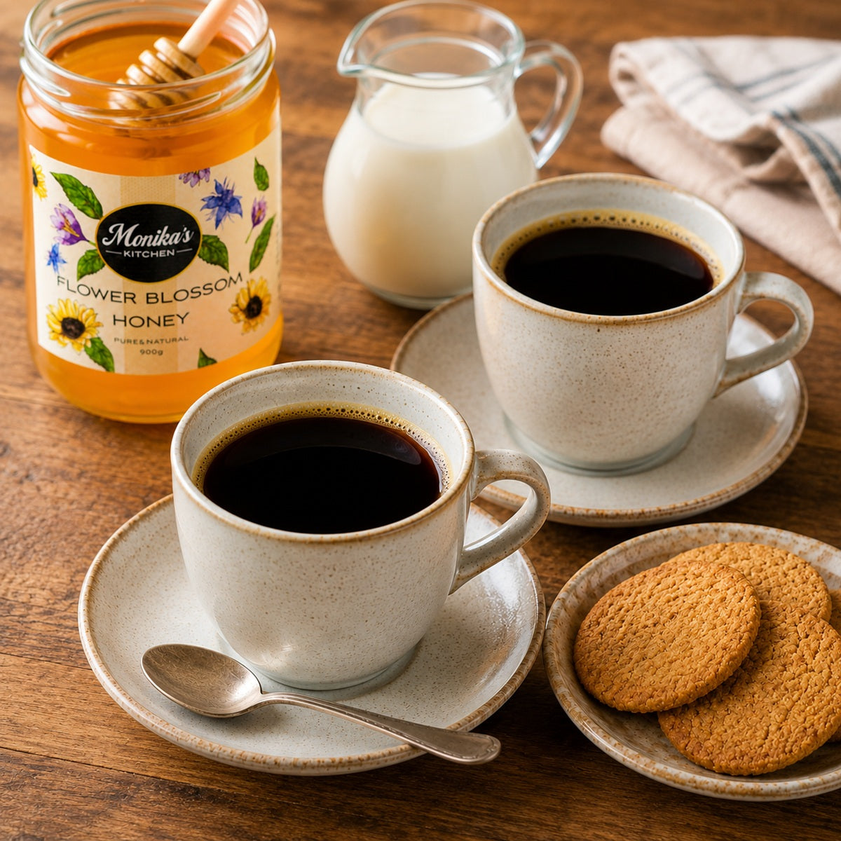 Two cups of coffee with a jar of wildflower honey and a bowl of cookies on a wooden table.