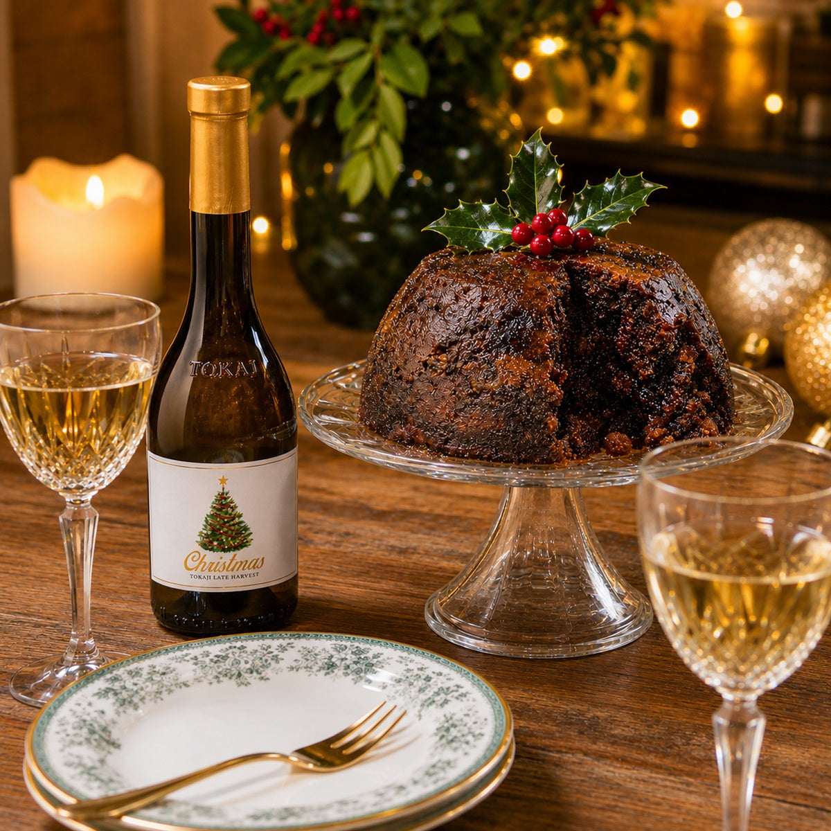 A bottle of sweet wine with a Christmas pudding on a cake stand is the best dessert wine pairing.