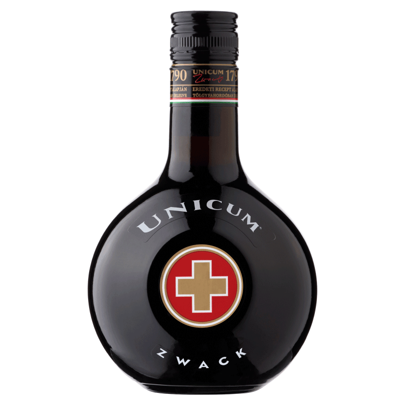 A bottle of Zwack Unicum Hungarian liquor. 