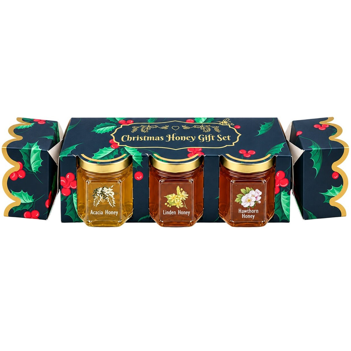 Christmas honey gift set in a cracker-shaped box, with three 50g jars of Acacia, Linden and Hawthorn honey.