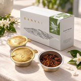 Geisha coffee blossom tea box with open and sealed individual portions.