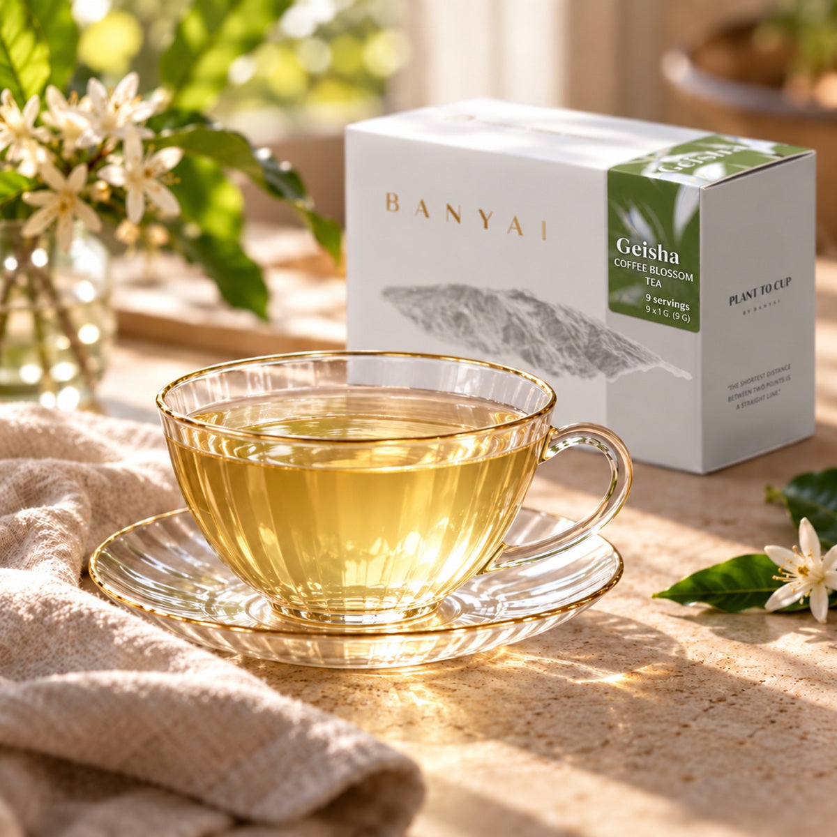 Cup of Geisha coffee blossom tea with the Bányai gift box in the background.