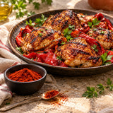 Grilled chicken and peppers seasoned with hot smoked paprika beside a bowl of paprika powder.