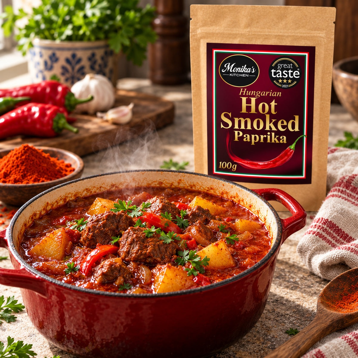 Hungarian Hot Smoked Paprika pouch beside a pot of spicy beef goulash.