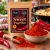 Monika's Kitchen Sweet Paprika pouch with a bowl and scoop of vivid paprika powder.