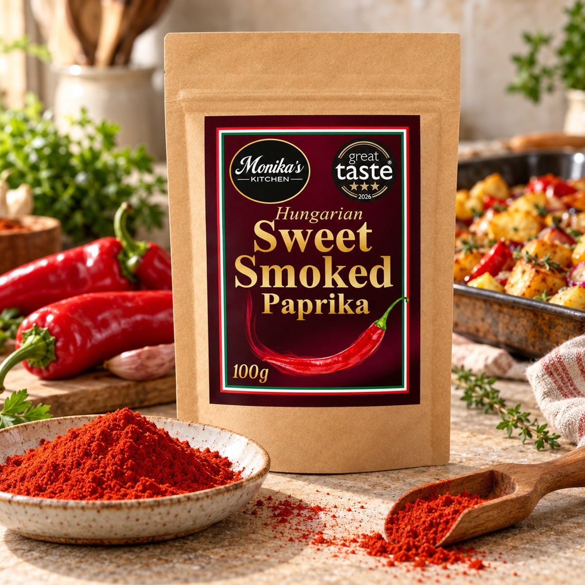 Hungarian Sweet Smoked Paprika pouch beside roasted vegetables and a bowl of paprika powder.