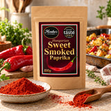 Hungarian Sweet Smoked Paprika pouch beside roasted vegetables and a bowl of paprika powder.