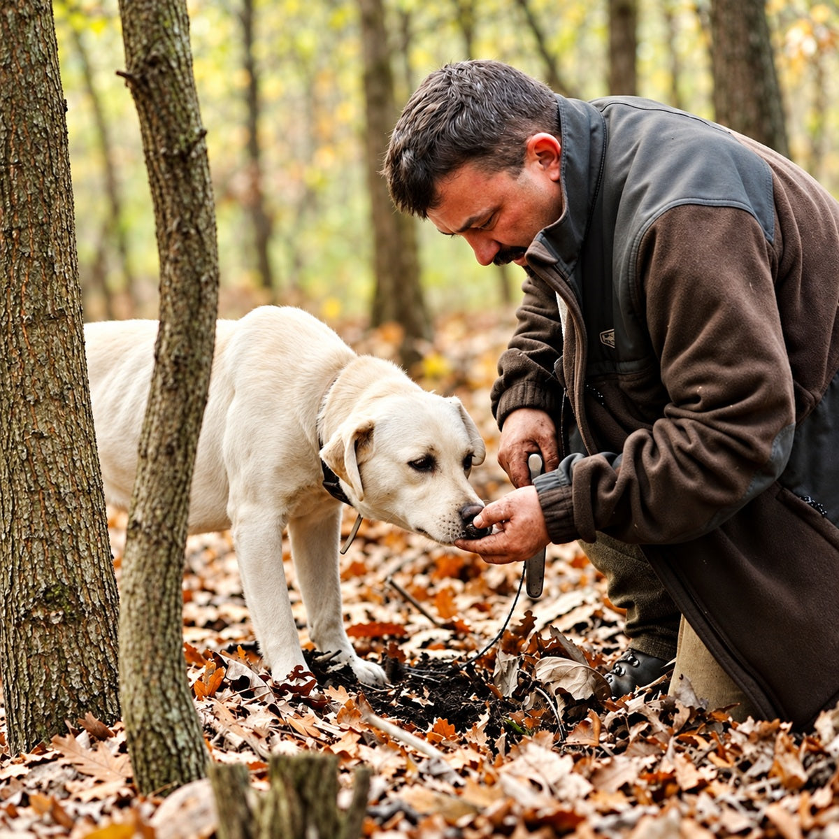István Bagi with a trained truffle dog finding black truffles in a Hungarian woodland.