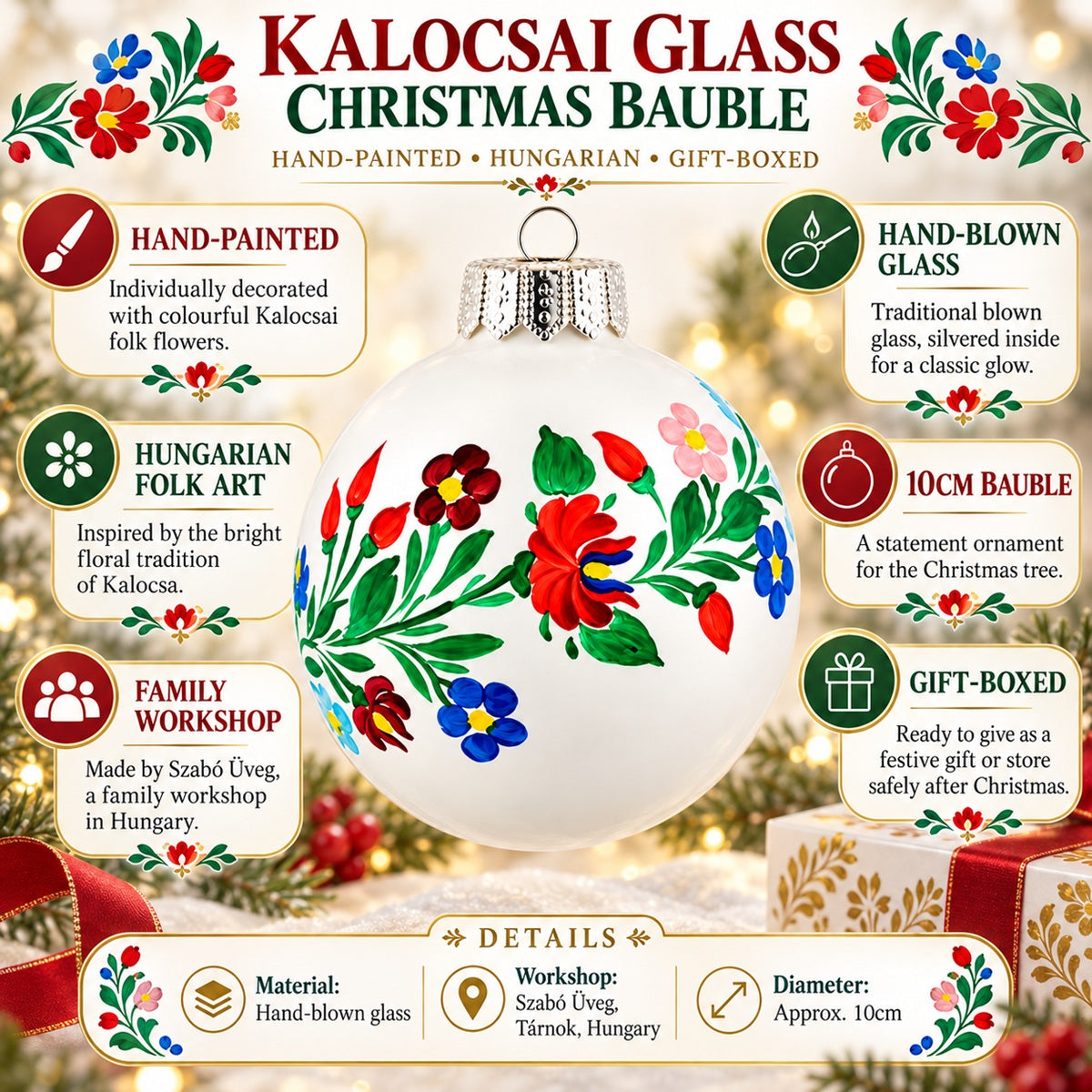 Kalocsai glass Christmas bauble infographic showing hand-painted Hungarian folk flowers and hand-blown glass.