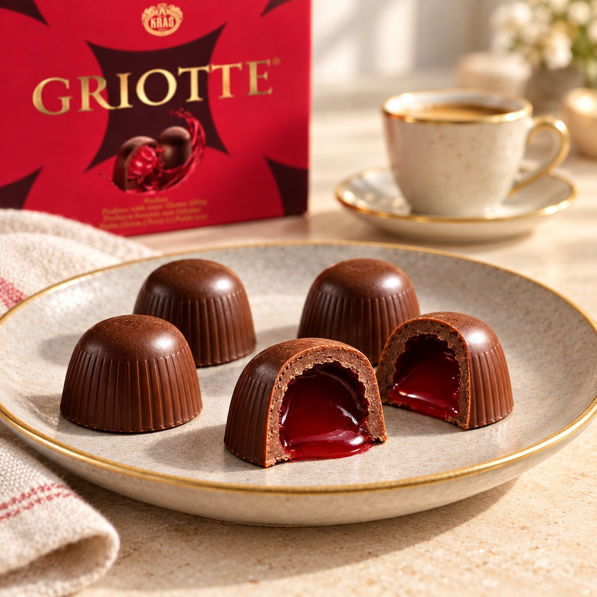 Kraš Griotte dark chocolates with whole sour cherry and liquid centre on a dessert plate.