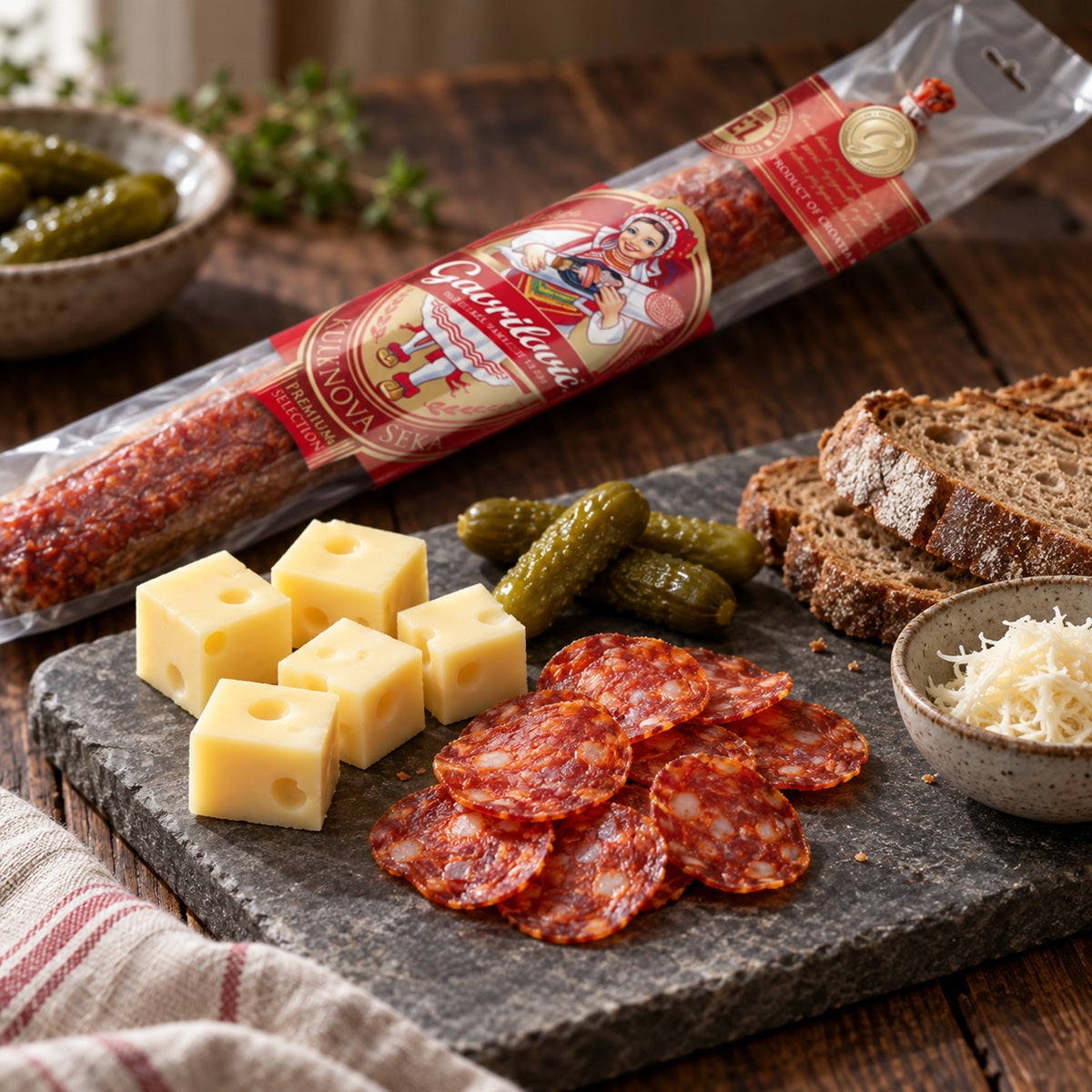 Thinly sliced Kulen salami with cheese, pickles, horseradish and rye bread.