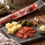 Thinly sliced Kulen salami with cheese, pickles, horseradish and rye bread.