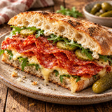 Toasted ciabatta sandwich with thin Kulen salami slices, melted cheese, pickles and rocket.