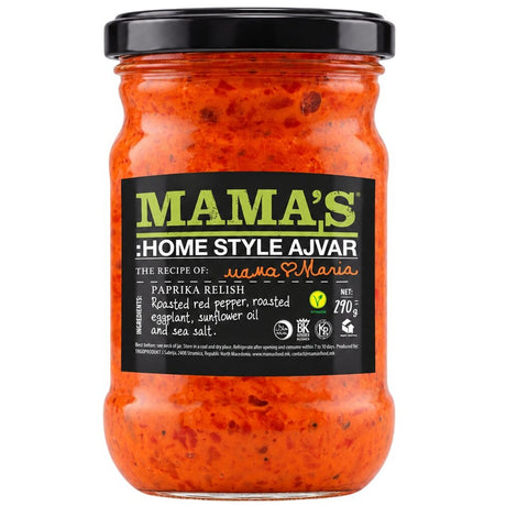 Mama's Mild Ajvar roasted red pepper spread in a 290g jar with a black lid on a white background.