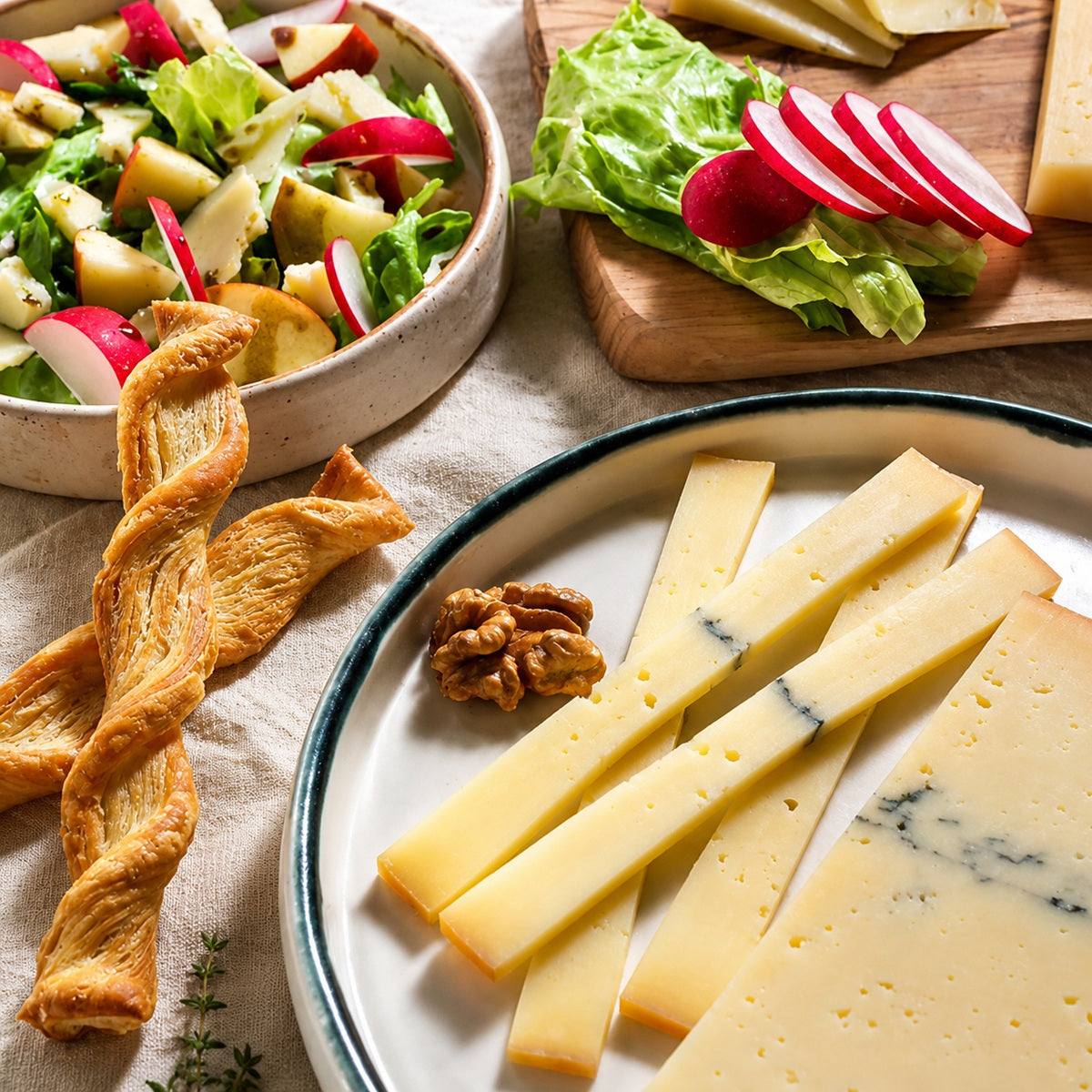 Artisan ash cheese on a plate with crackers and walnuts.