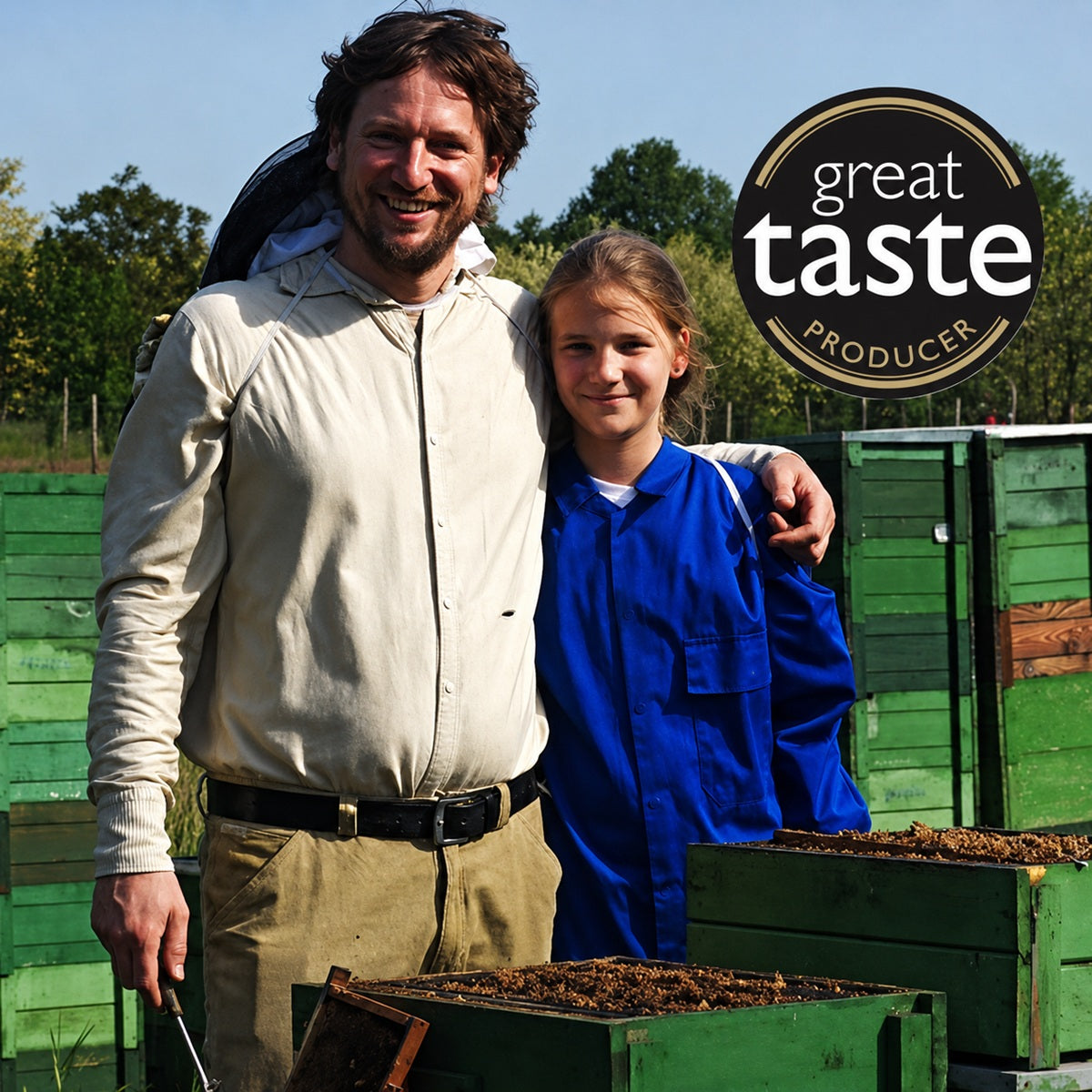 Laszlo Varaljai, Great Taste Award-winning Hungarian beekeeper and honey producer, with his daughter and the bees.