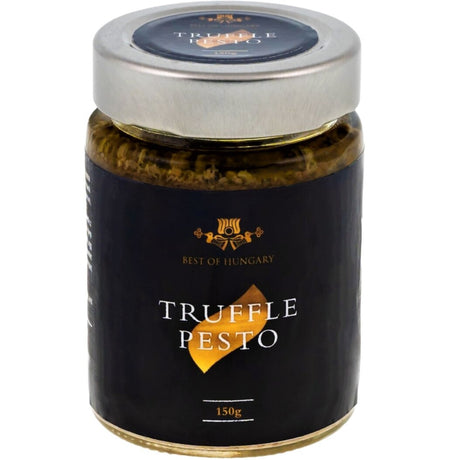 A jar of black truffle pesto, it is best used for making a base sauce for a gourmet truffle pasta recipe.