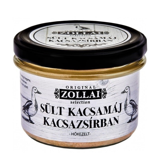 A jar of duck liver pate with whole liver pieces.