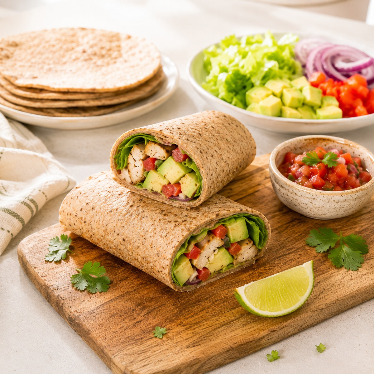 Gluten-free tortilla wraps made with ground flaxseed flour, filled with avocado, chicken, and vegetables.