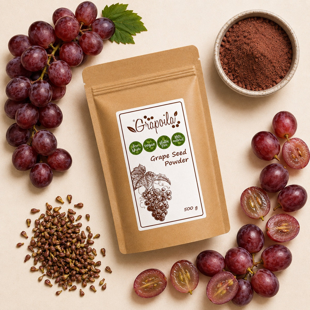 Grape seed powder is a natural health supplement extracted from red grape seeds.