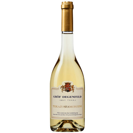 A bottle of Tokaji Sweet Szamorodni by Grof Degenfeld Winery.