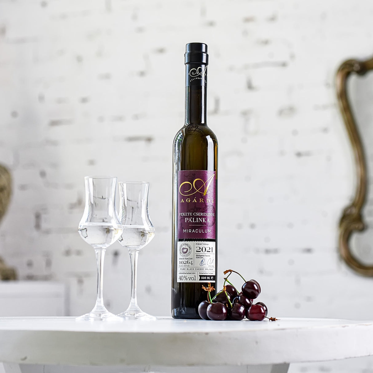 Glasses of cherry palinka, a traditional Hungarian cherry brandy.
