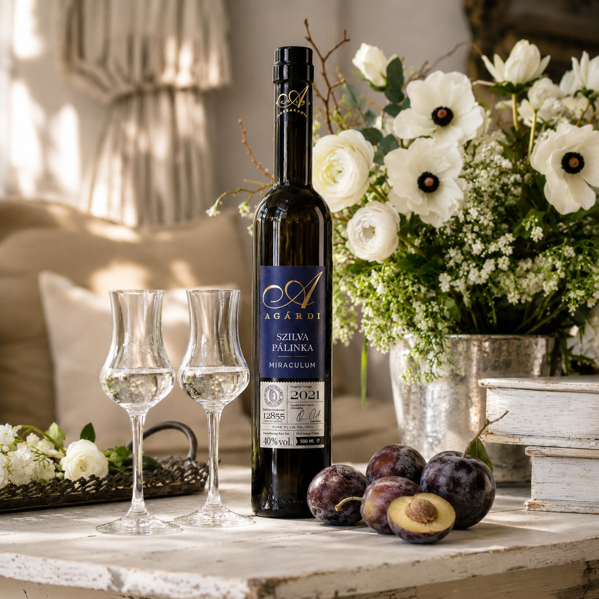 Glasses of szilva palinka, a traditional Hungarian plum brandy.