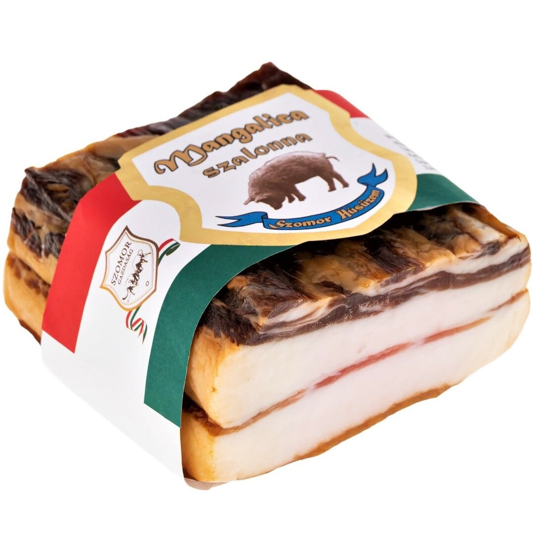 Mangalitsa bacon from dry-cured and cold-smoked Hungarian pork belly meat.