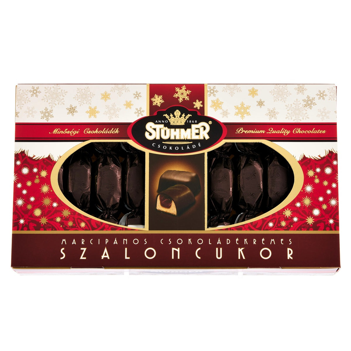 A gift box of the best marzipan chocolate praline filled with chocolate cream and covered by dark chocolate.