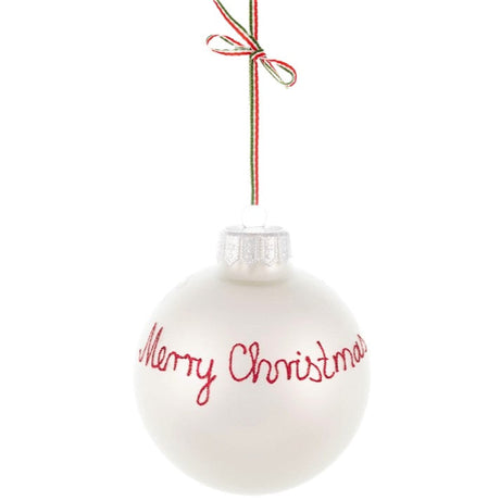 A hand-painted Merry Christmas tree bauble decoration.