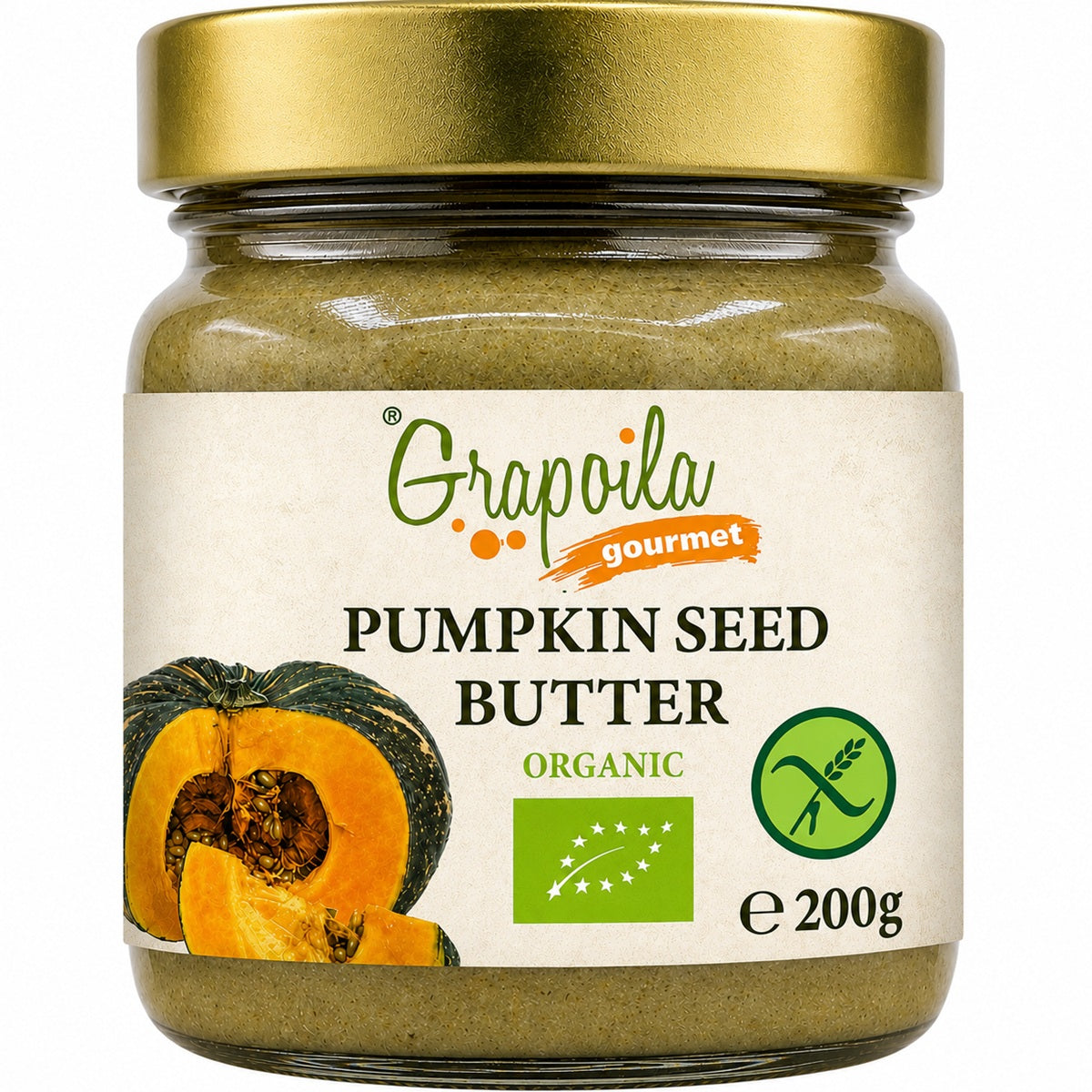 Jar of organic pumpkin seed butter from cold-pressed raw seeds, this is a healthy spread rich in vegan protein.