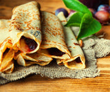 A simple pancake recipe filled with a no added sugar plum jam made from 100% fresh fruit.