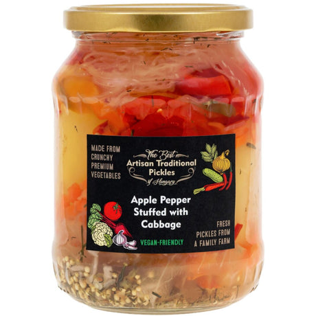 A jar of pickled apple peppers stuffed with a sauerkraut from fermented raw white cabbage.
