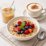 Porridge topped with berries and a spoonful of rosehip powder, showing how to use this healthy supplement.