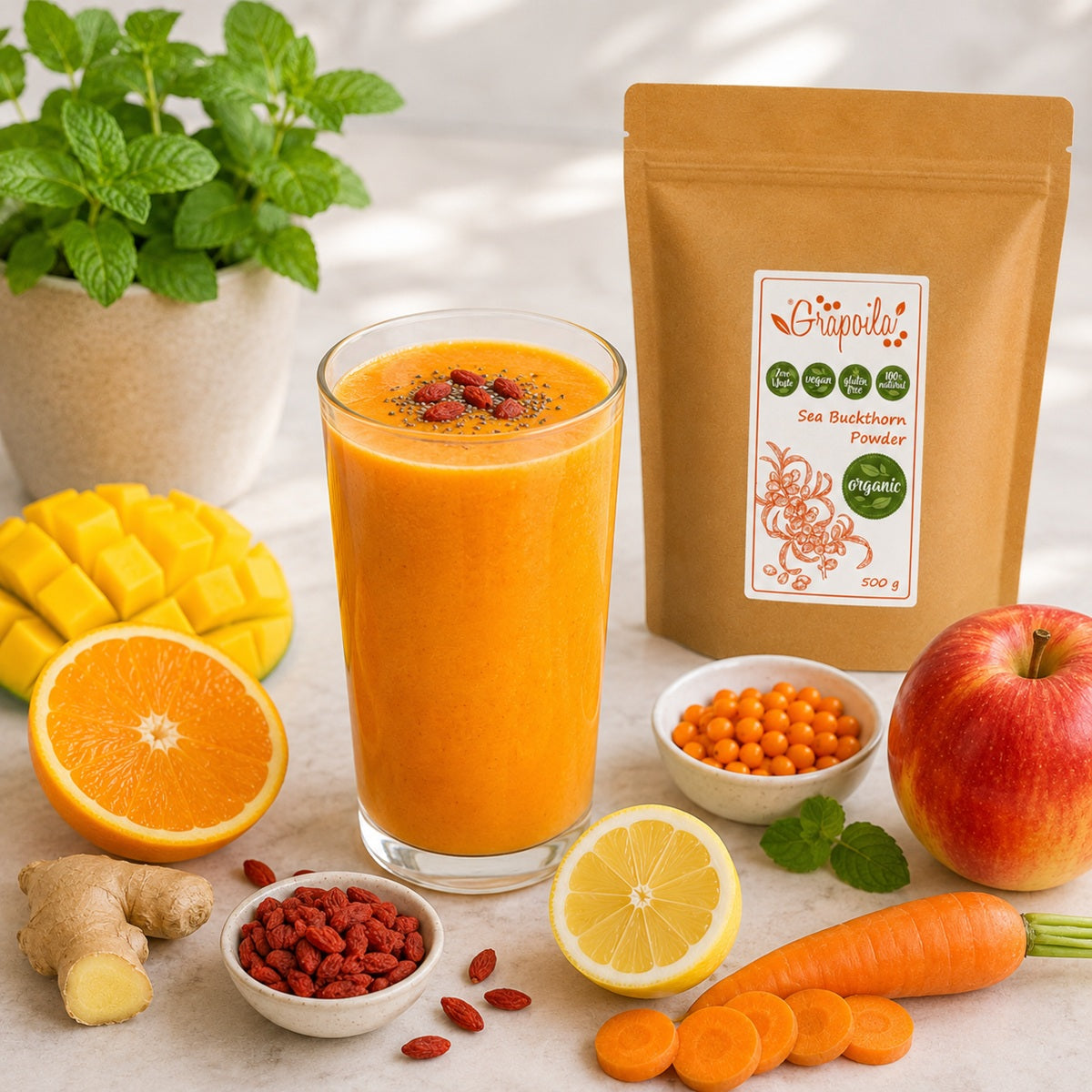 Organic sea buckthorn powder used for making a healthy, orange-coloured fruit and vegetable smoothie.