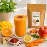 Organic sea buckthorn powder used for making a healthy, orange-coloured fruit and vegetable smoothie.