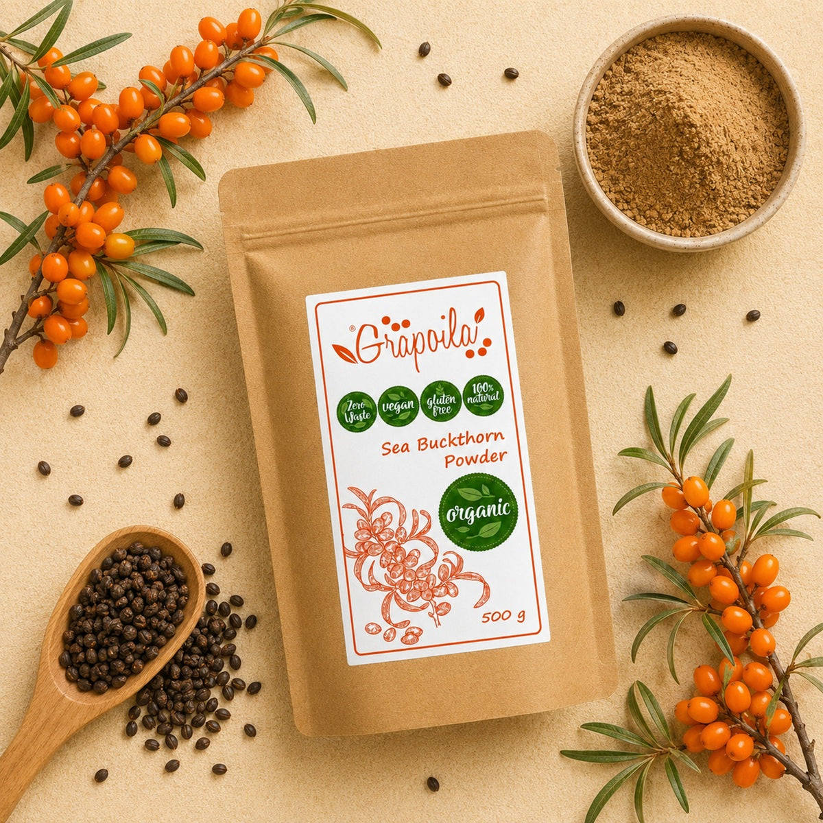 Sea buckthorn powder made from the seeds of organic berries.