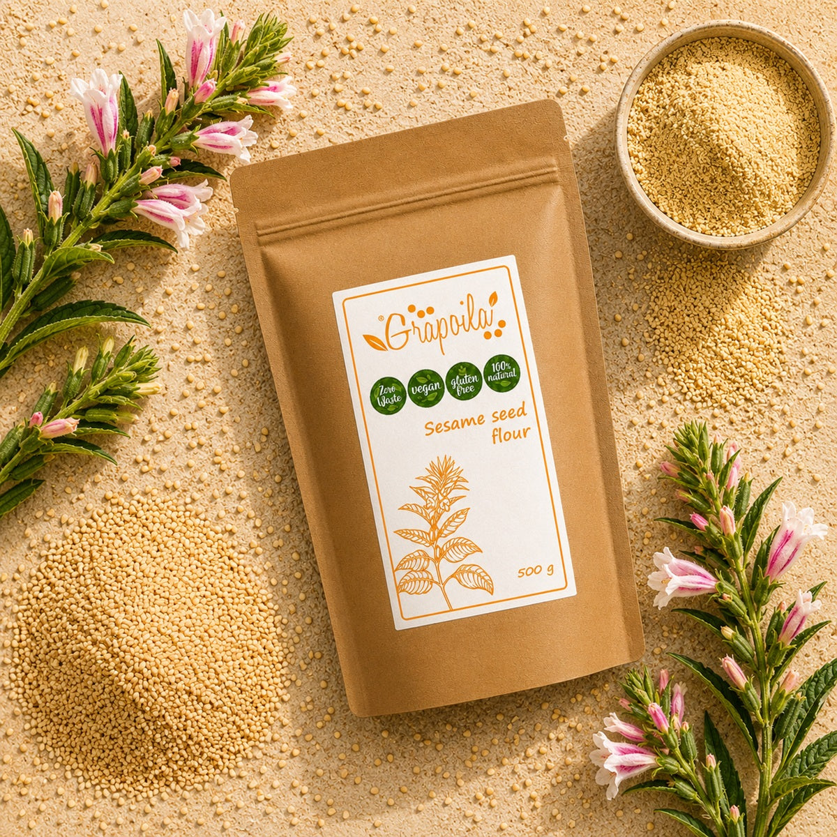 Sesame seed powder is a keto and gluten-free baking flour from crushed yellow sesame seeds, rich in protein.