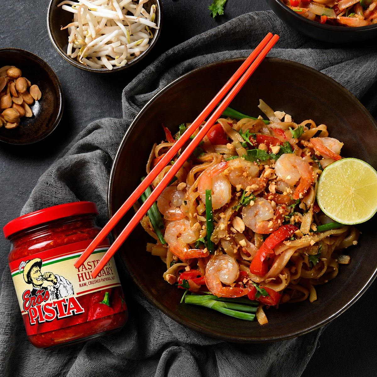 A spicy Asian seafood stir-fry recipe made with Erős Pista hot pepper sauce.