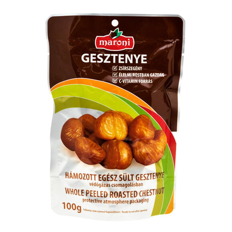 A pack of ready-to-eat whole chestnuts which have been cooked, peeled and roasted.